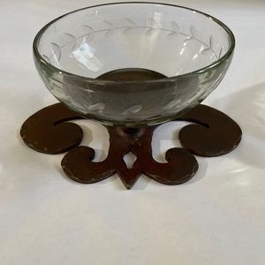 Jan Barboglio etched glass bowl with iron base, fleur de lis, Nieman Marcus 2008